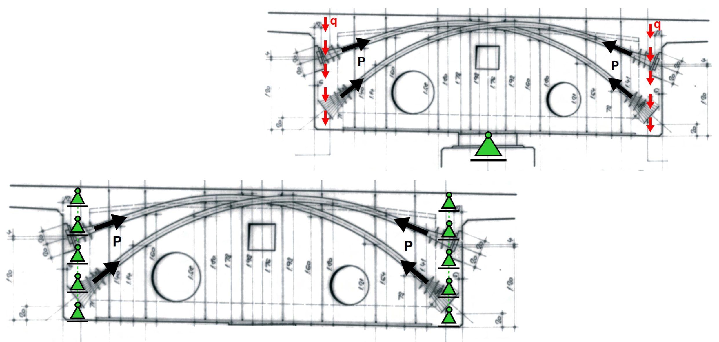 Schnitt durch den Brückenträger mit Kraftflussvergleich im Bestand (oben) und Bauzustand (unten)